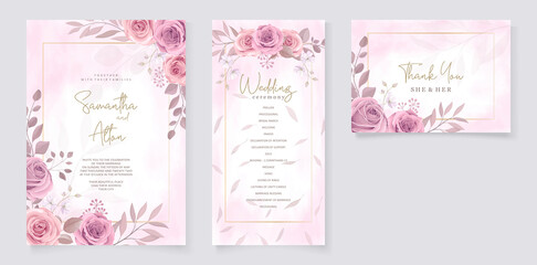 Set of beautiful wedding invitation template with hand drawn pink roses flower ornament