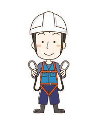 安全帯を付けてヘルメットを被った作業員男性