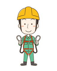 安全帯を付けてヘルメットを被った作業員男性