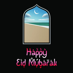 Happy Eid Mubarak 11 with sea theme and black background vector design illustration