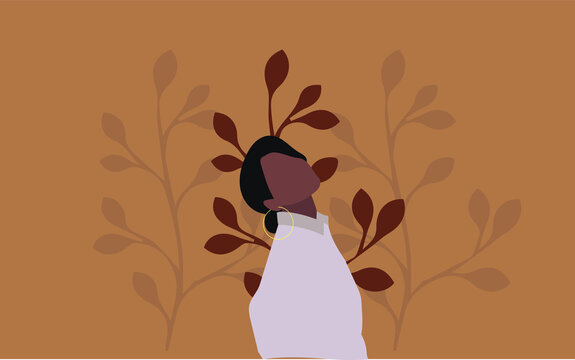 Beautiful woman illustrated in earthy tones on background with plant print - Vector Illustration.

