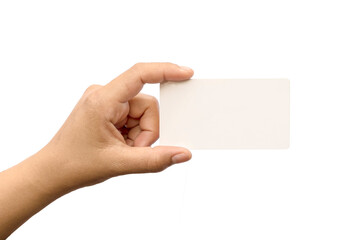 Obraz premium Female hand with a blank card isolated on white background with clipping path.
