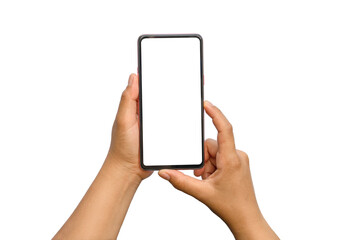 Close-up of two hands holding mobile phones, white screen separated on white background with clipping path.