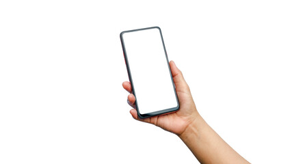 Close up of young woman hand holding a mobile phone, white screen separated on white background with clipping path.