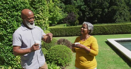 Senior african american couple talking and holding cups of tea in sunny garden - Powered by Adobe