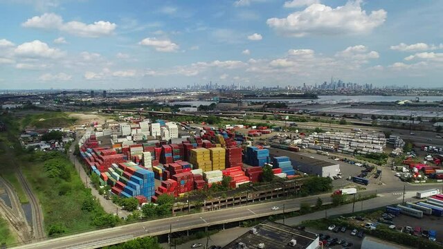 Aerial Pan Left View of a Ship Container Depot in Newark, New Jersey