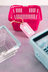 women-owned businesses tag with pink shopping basket among competitor blue ones, supporting equality