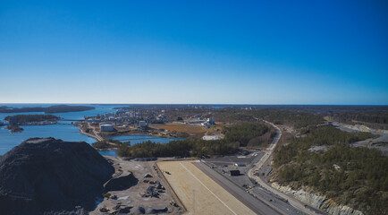 Stockholm Norvik Port, Sweden, 2020-03-18: Aerial view of installing new cranes, shipped from China to Sweden. High quality photo