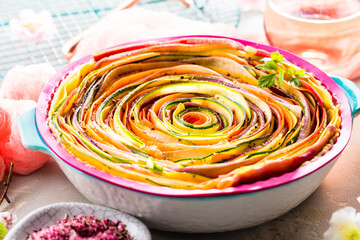vegetable Spiral tart with zucchini, eggplant, carrot
