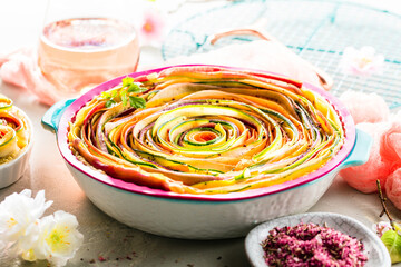 vegetable Spiral tart with zucchini, eggplant, carrot