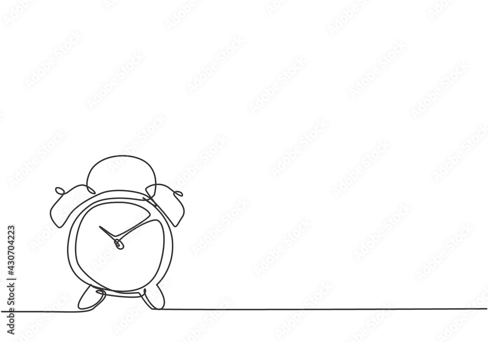 Poster single continuous line drawing of old retro alarm analog clock on the floor. minimalism metaphor bus