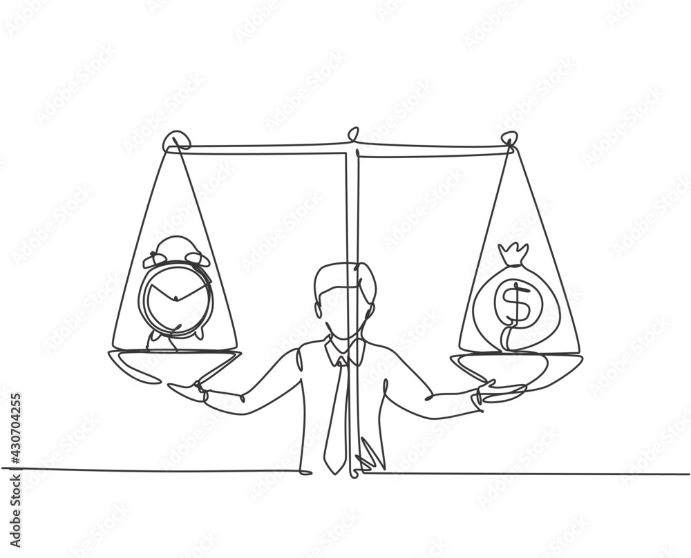 Poster single continuous line drawing young business man weight money bag and analog clock with scale. mini