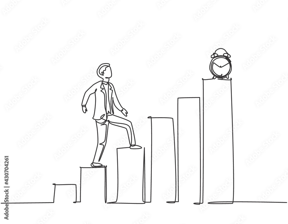 Poster single one line drawing of young business man walking on the graph bar to reach alarm clock. busines