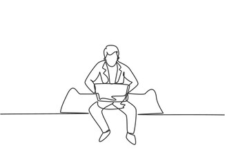 Single one line drawing of young business man sitting on sofa while typing business proposal on laptop. Manager preparing work concept. Modern continuous line draw design graphic vector illustration