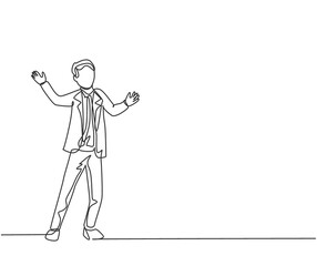 Continuous one line drawing young male worker doing business presentation at office. Speaker at business conference minimalist concept. Single line draw design vector graphic illustration