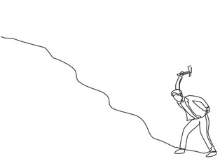 Single continuous line drawing young business man digging treasure on the uphill street with hammer. Getting a new business idea minimalist concept. One line draw graphic design vector illustration.