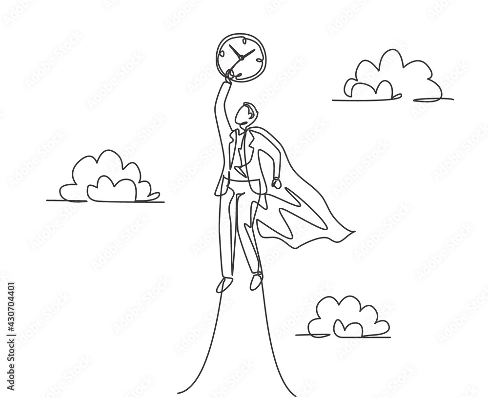 Poster single continuous line drawing young business man flying to the sky to reach analog clock. minimalis