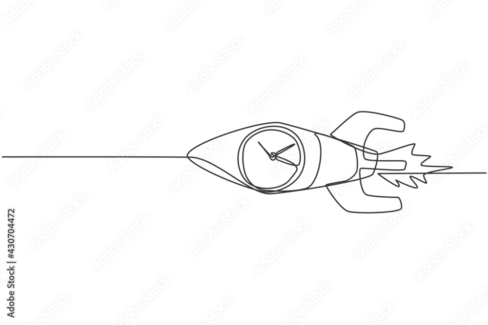 Poster Single one line drawing of fast flying rocket with analog clock inside the object. Business time discipline metaphor concept. Modern continuous line draw design graphic vector illustration