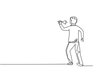 Continuous one line drawing young male worker focus to hit target with a dart precise. Business goal management minimalist concept. Single line draw design vector graphic illustration