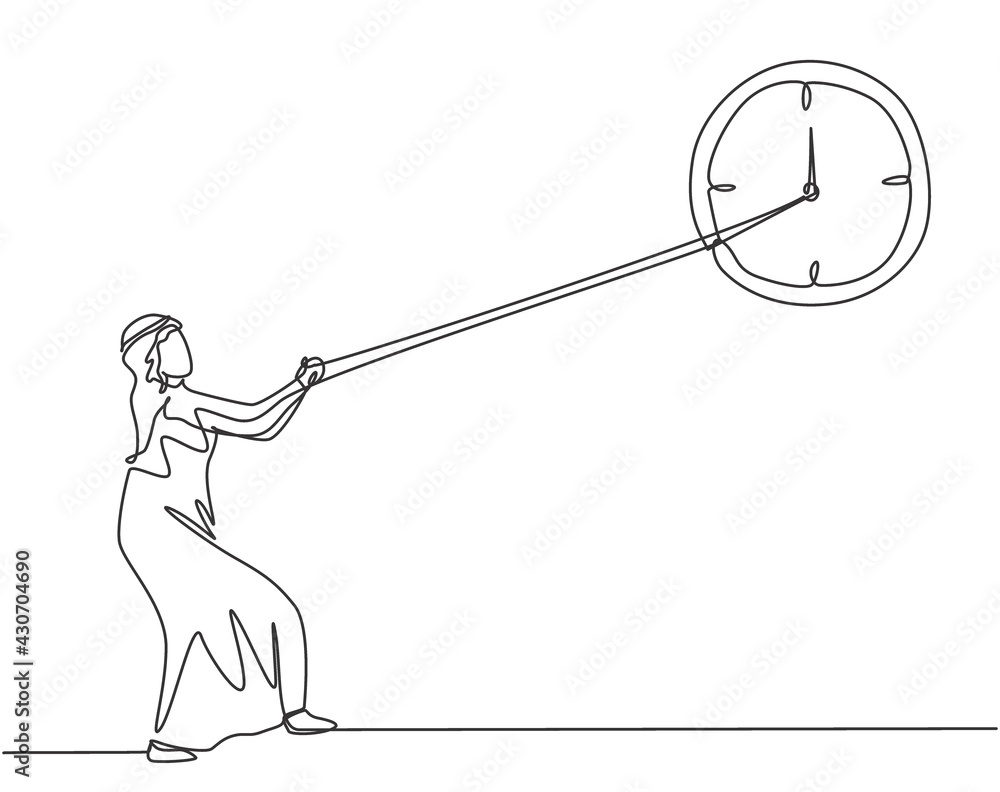 Poster single continuous line drawing young arab business man pulling clockwise of big analog wall clock wi