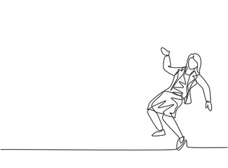 Fototapeta na wymiar Single continuous line drawing young business woman dancing on the street. Happy worker celebrate her achievement. Minimalism metaphor concept. Dynamic one line draw graphic design vector illustration