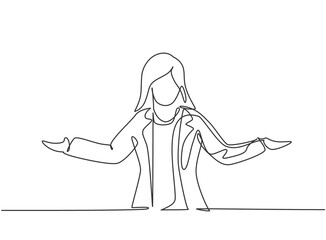 Single continuous line drawing young business woman stretched out her arms. Business presentation to find out solution minimalist concept. Dynamic one line draw graphic design vector illustration.