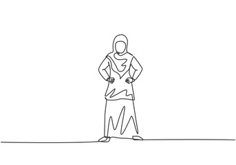 Continuous one line drawing young Arab female worker standing on the street thinking of her business. Minimalism metaphor business vision concept. Single line draw design vector graphic illustration.
