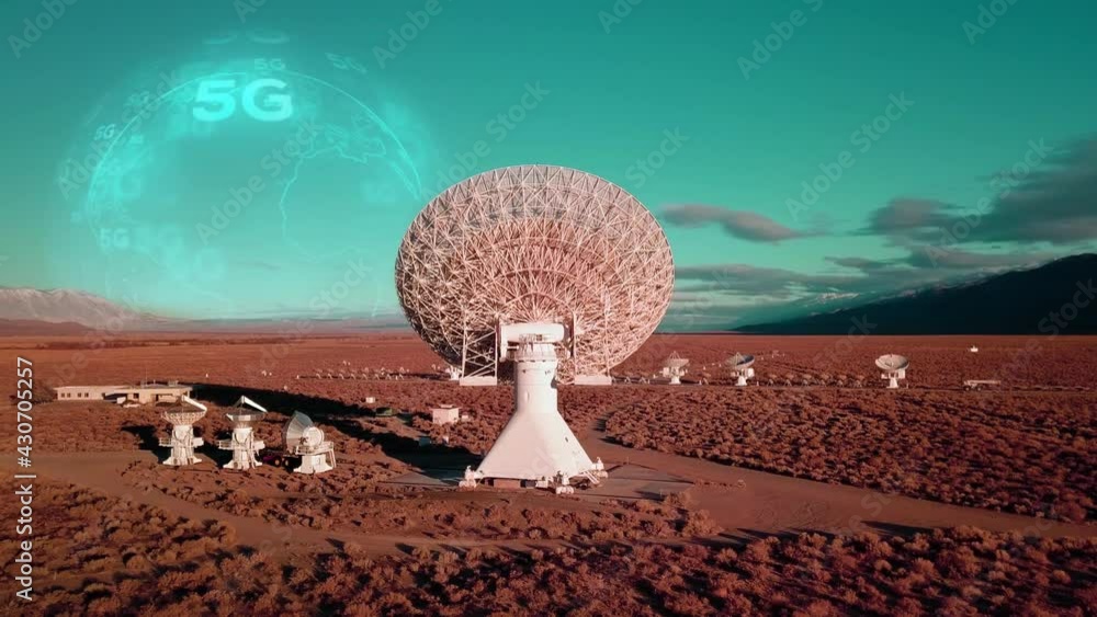 Poster satellite arrays sending 5g broadband data to the world - 3d render animation