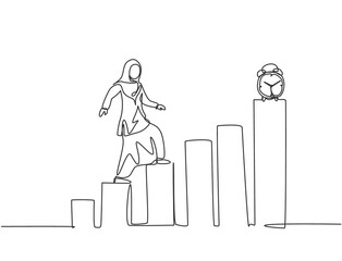 Continuous one line drawing young Arab female worker walking on the graph bar to reach alarm clock. Business time discipline metaphor concept. Single line draw design vector graphic illustration.
