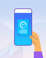 human hand using mobile app online data statistics remote business control on smartphone screen