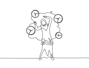 Fototapeta premium Single one line drawing of stressful young Arabian business woman surrounded by flying analog clocks. Minimalism metaphor business concept. Continuous line draw design graphic vector illustration.
