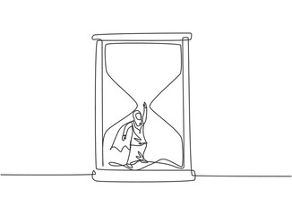 Single one line drawing of young Arabian business woman with wing flying to get out from hourglass. Minimalism metaphor business concept. Continuous line draw design graphic vector illustration.