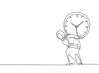 Single one line drawing of young Arabian business woman shouldered heavy big analog clock with her back. Business discipline metaphor concept. Continuous line draw design graphic vector illustration.