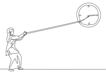 Fototapeta premium Continuous one line drawing young Arab female worker pulling clockwise of big analog wall clock with rope. Time management minimalist concept. Single line draw design vector graphic illustration.