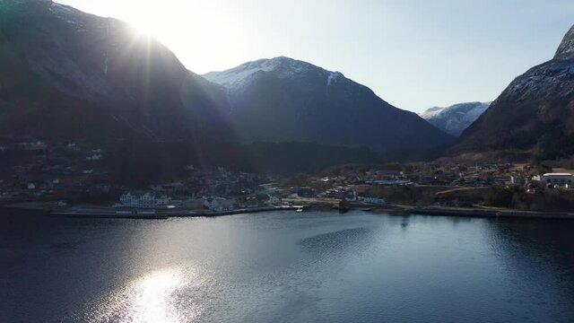 Sunrise in Eidfjord Hardanger Norway - Slowly flying in from fjord, showing town centre and RV7 in first morning light