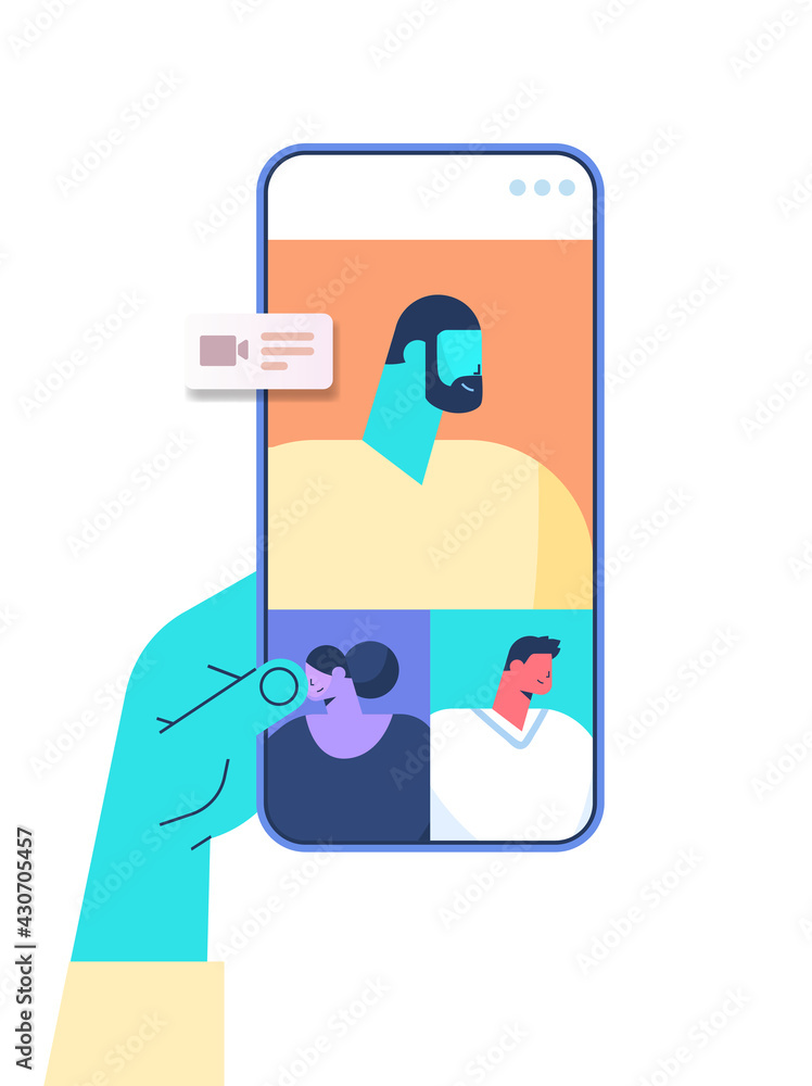 Poster hand using mobile app for virtual conference meeting friends discussing during video call on smartph