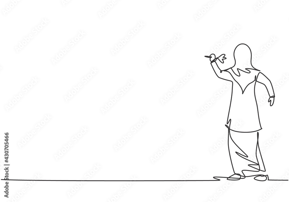 Poster continuous one line drawing young arab female worker focus to hit target with a dart precise. busine