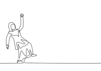 Single continuous line drawing young Arab business woman dancing on the street. Happy worker celebrate her achievement. Minimalism metaphor concept. One line draw graphic design vector illustration.