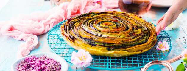 vegetable Spiral tart with zucchini, eggplant, carrot