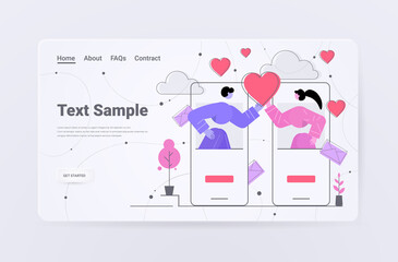 couple in love using mobile dating app man woman holding heart virtual meeting social relationships communication