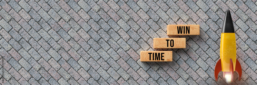 Wall mural cubes with message time to win and a starting rocket on stone pavement background