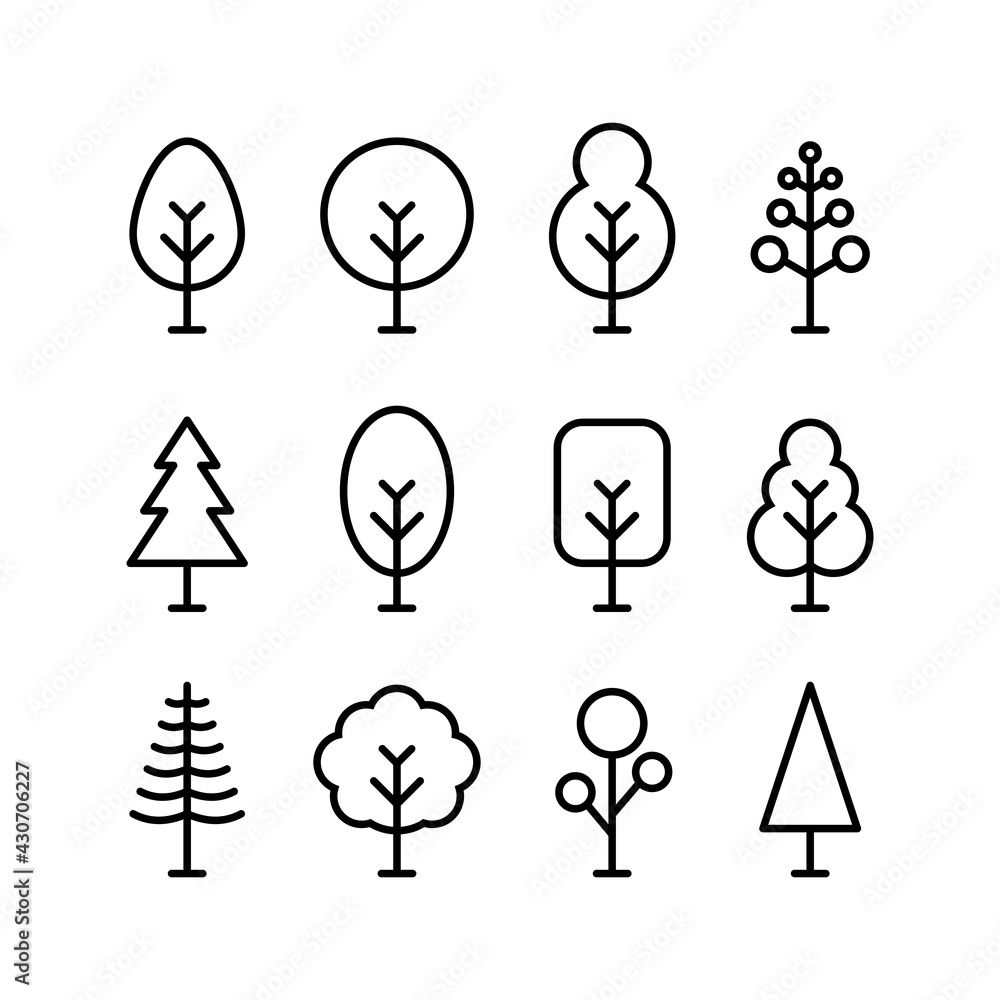 Poster set of simple flat tree icon illustration design, silhouette tree symbol collection with outlined st