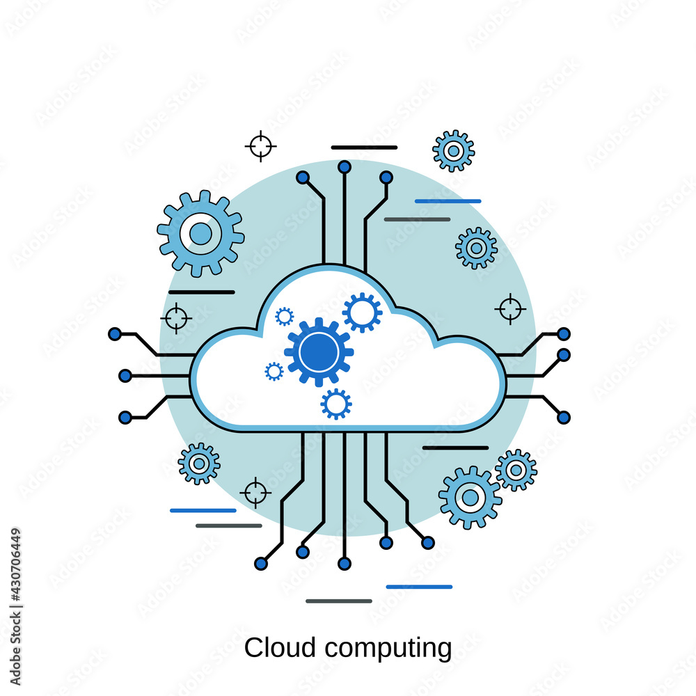 Poster cloud computing, network, data processing flat design style vector concept illustration