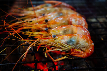 Shrimp  on the BBQ Grill closeup