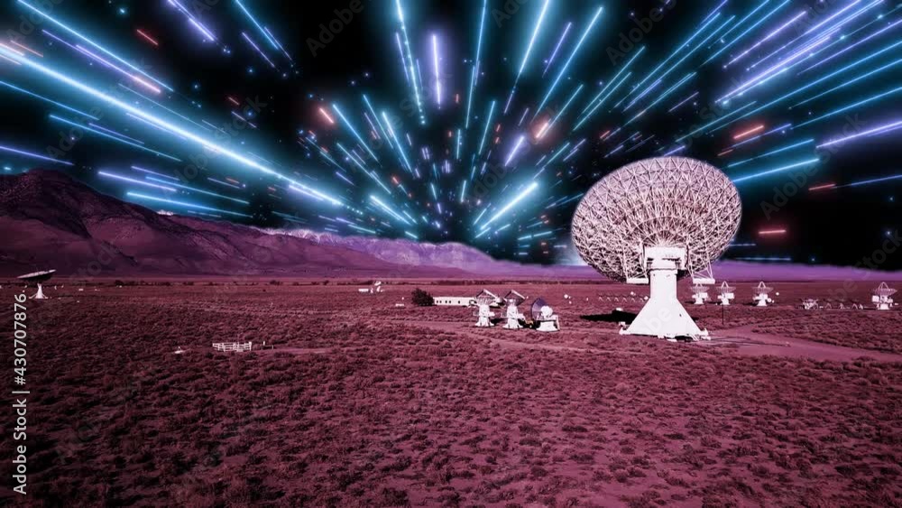 Poster space antenna arrays, with hyper tunnel sky background - 3d graphics animation