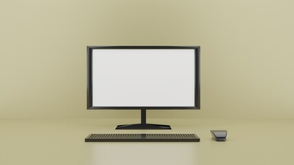 3d rendering of an isolated mockup of a monitor on a white background accompanied by a keyboard and mouse