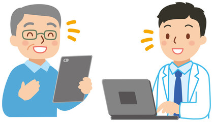 タブレットでリモート診療　若い医師と老人
