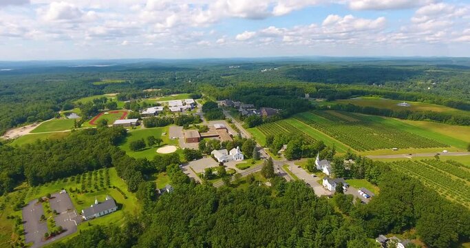 Londonderry historic town center aerial view on NH Route 128 and Pillsbury Road with Londonderry Presbyterian Church, Londonderry, New Hampshire NH, USA.  