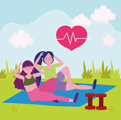 women practicing exercises