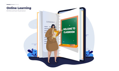 Vector illustration of an online classroom concept with a teacher, book and blackboard on a mobile tablet 